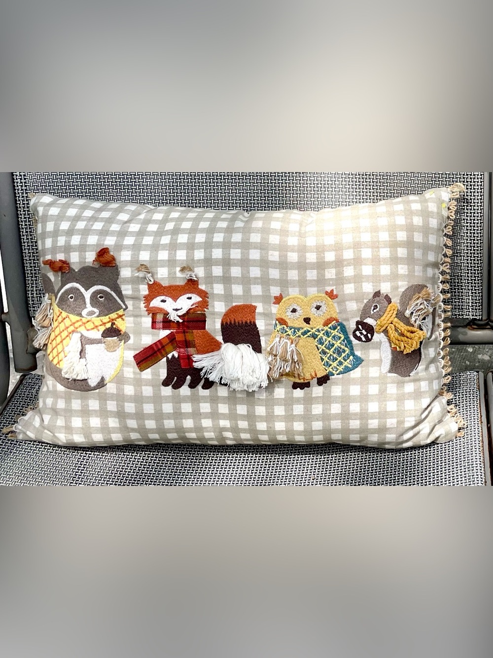 VTG Pier 1 One Fall Autumn Embroidered Woodland Animal Lumbar Throw Pillow - 21”